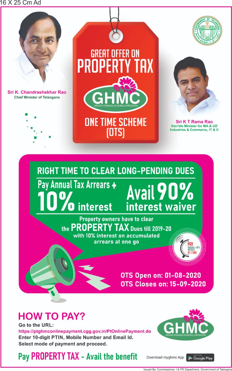DC-RCP & PTC (@bhojaraju_k) on Twitter photo Swachh Namaskar π
CitizensofHyderabad it's a right time to clear long-pending dues with(OTS) & avail 90% interest waiver π.
# Offer period (01.08.2020 -15.09.2020).<a href="/GHMCOnline/">GHMC</a> @KTRTRS <a href="/ZC_SLP/">ZC SERILINGAMPALLY ZONE GHMC</a> <a href="/arvindkumar_ias/">Arvind Kumar</a> <a href="/CommissionrGHMC/">Commissioner GHMC</a> Swachh Namaskar π
CitizensofHyderabad it's a right time to clear long-pending dues with(OTS) & avail 90% interest waiver π.
# Offer period (01.08.2020 -15.09.2020).<a href="/GHMCOnline/">GHMC</a> @KTRTRS <a href="/ZC_SLP/">ZC SERILINGAMPALLY ZONE GHMC</a> <a href="/arvindkumar_ias/">Arvind Kumar</a> <a href="/CommissionrGHMC/">Commissioner GHMC</a>