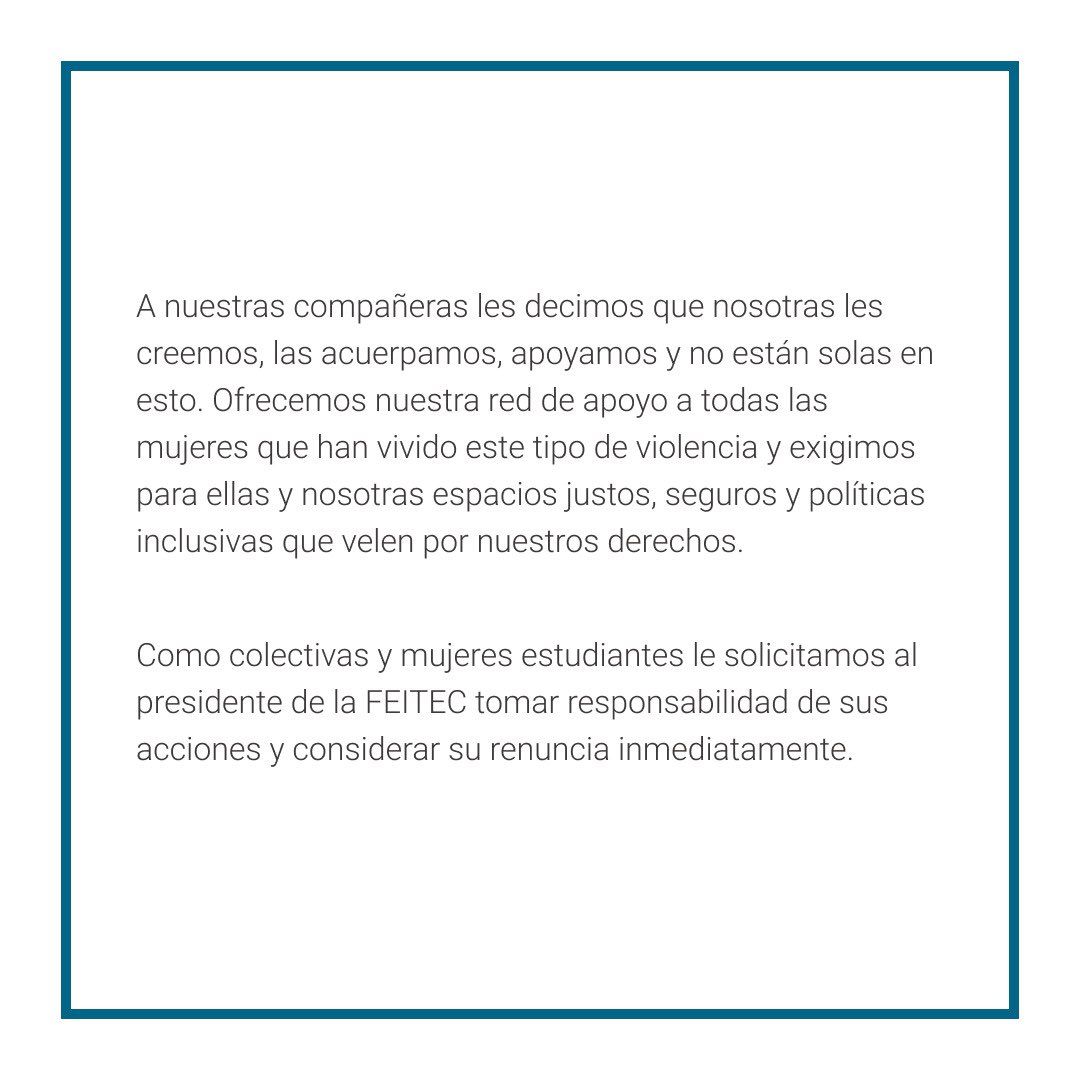 feministas_tec's tweet photo. A raíz de las denuncias hacia el presidente de la Federación de Estudiantes del TEC, acuerpamos a nuestras compañeras y pedimos la renuncia del mismo✊🏾✊🏾 https://t.co/CtgsLSUPkZ