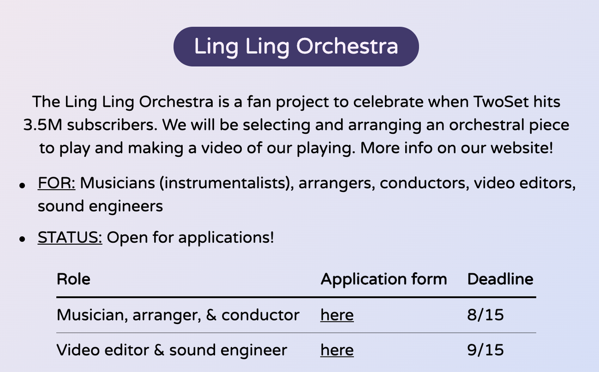 linglingcollabs's tweet photo. - Ling Ling Orchestra -

A fan project to celebrate when TwoSet hits 3.5M subscribers. We will be selecting and arranging an orchestral piece to play and making a video of our playing.

See a list of ongoing projects @ https://t.co/UfjXx3MeUr https://t.co/Ii6RPL8hZD