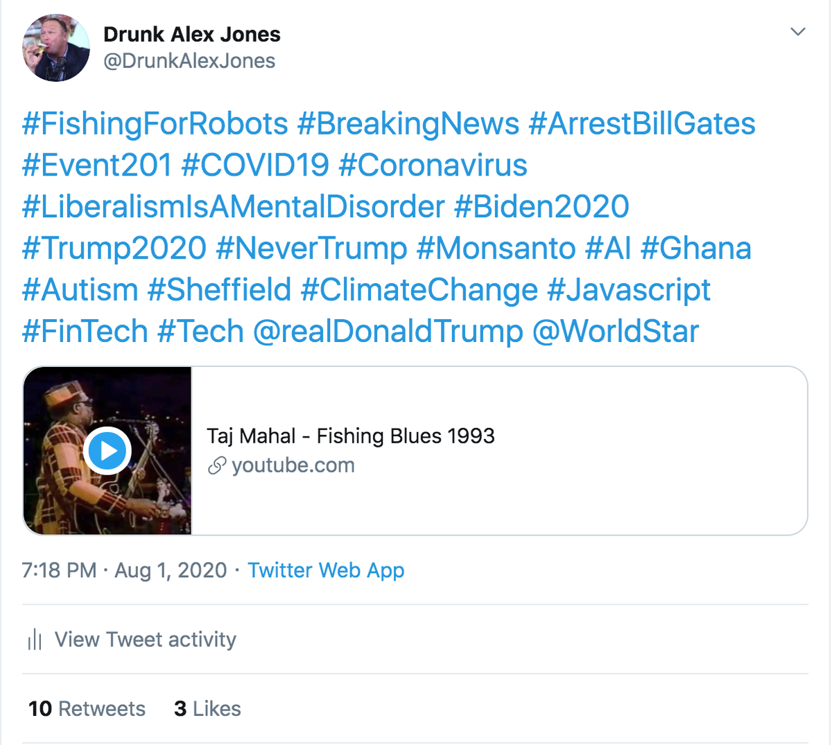 Finally (for now), we had  @DrunkAlexJones post a bot tweet containing the words/hashtags that trigger the bots discussed in this thread. Thus far 10 automated accounts have answered the siren song. https://twitter.com/DrunkAlexJones/status/1289747467257380865