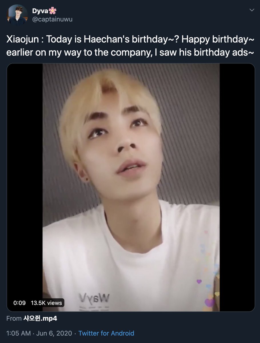 @/wayvpictures - a fanbase account dedicated to pictures of WayV and sometimes translations. On June 6, 2020 Xiaojun went live on IG and saw a reply from a fan commenting on it being Haechan’s birthday. Xiaojun replies wishing him a happy birthday and saying he saw the