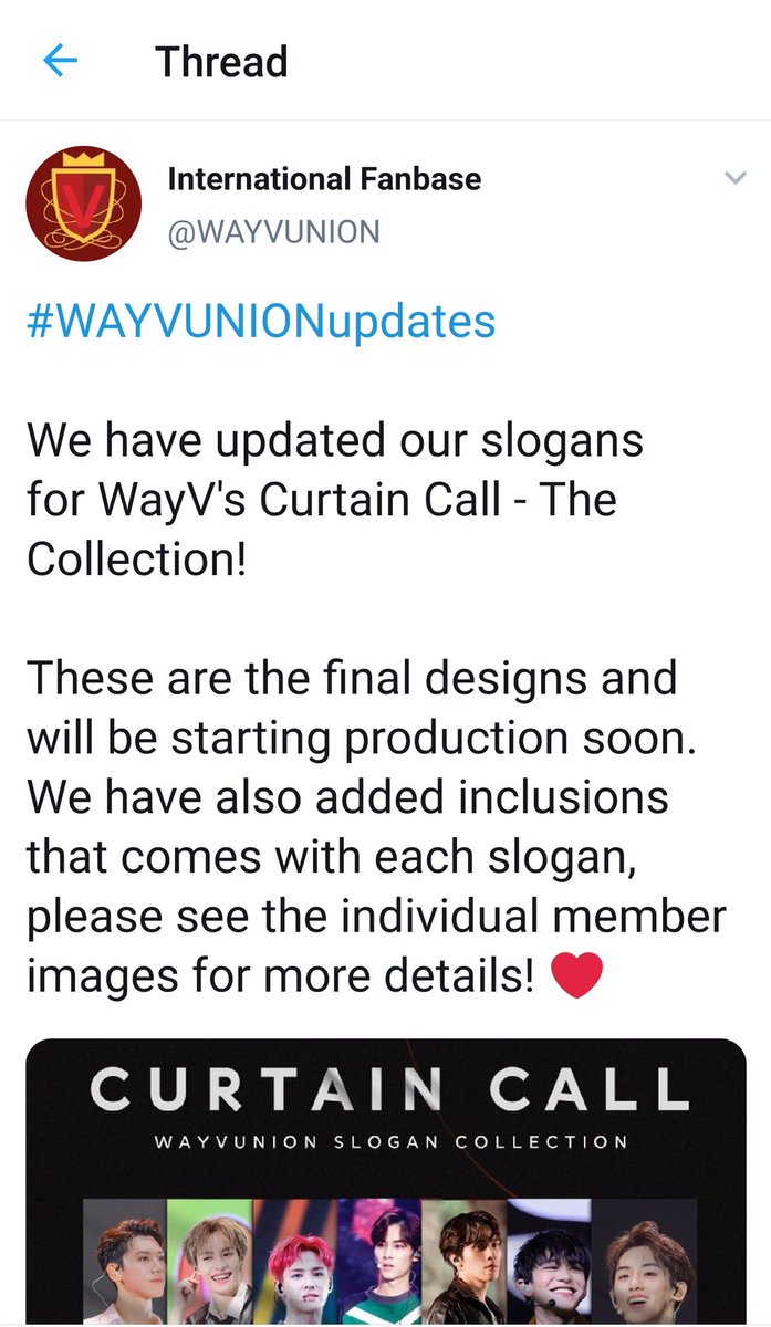 @/Wayvunion - WayV’s first international fanbase. Although WayV’s fandom color was announced as green in 2019, wayvunion’s layout and their website is entirely red. They also only use red hearts in their tweets and responses, which relates to the weishennie ( #redforwayv) goal