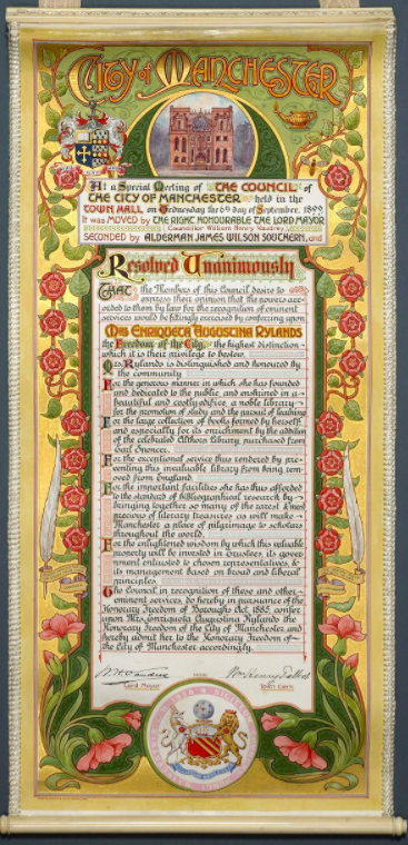TheJohnRylands's tweet photo. For her services to #Manchester, Enriqueta was awarded the Freedom of the City, the first woman to receive this honour. She received this ornate scroll📜 full of symbolism: the Manchester bee 🐝, the Lancashire red rose 🌹, and the lamp, a symbol of enlightenment 💡. https://t.co/8ORPPr7Ald