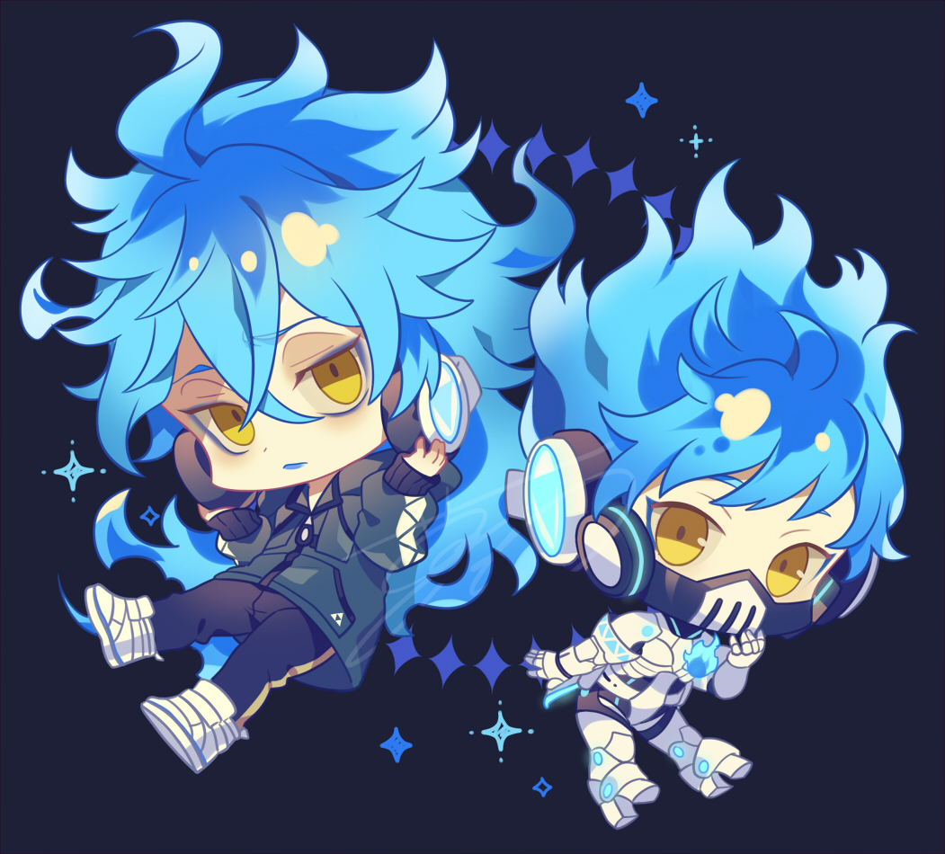 headphones long hair chibi male focus yellow eyes blue hair respirator  illustration images