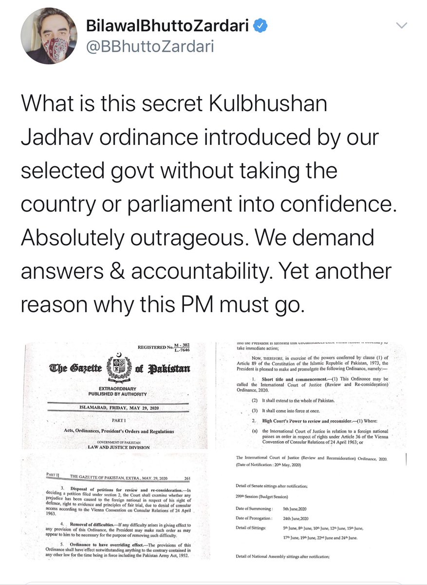 Now that Pakistan needed an amendment to address decision by ICJ, hence an Ordinance was issued, blocking Yaduv’s right to appeal in ICJ if no right to appeal was given in Pakistan. The Ordinance is Published in Gazzette & is no secret as implied by  @BBhuttoZardari