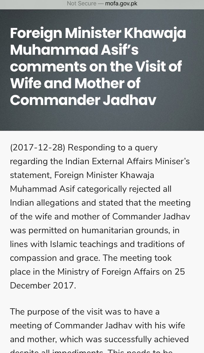 MOFA  @KhawajaMAsif issued a statement denying conspiracies during Yaduv’s family’s visit,takes pride in facilitating the meeting.  http://mofa.gov.pk/foreign-minister-khawaja-muhammad-asifs-comments-on-the-visit-of-wife-and-mother-of-commander-jadhav/