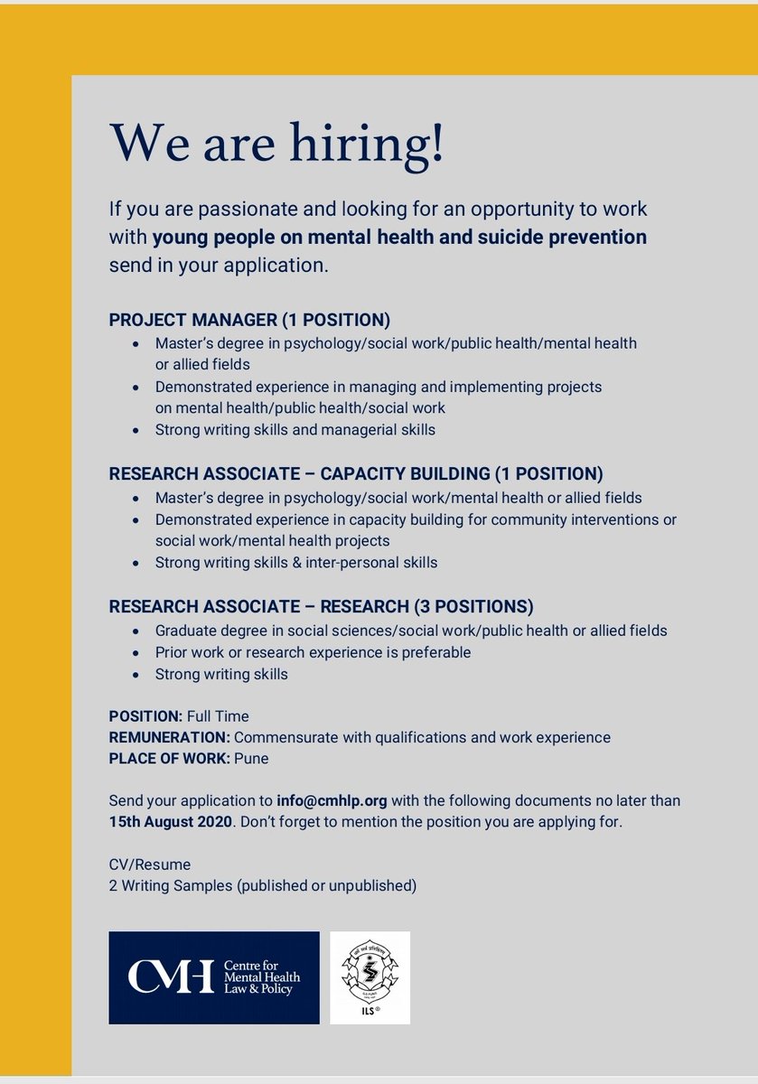 Soumitra 🌻 সৌমিত্র சௌமித்ரா سومترہ (@netshrink) on Twitter photo If you are interested in working with us <a href="/CMHLPIndia/">Centre for Mental Health Law & Policy, ILS, Pune</a> we have some positions open now! Please circulate to your contacts! If you are interested in working with us <a href="/CMHLPIndia/">Centre for Mental Health Law & Policy, ILS, Pune</a> we have some positions open now! Please circulate to your contacts!