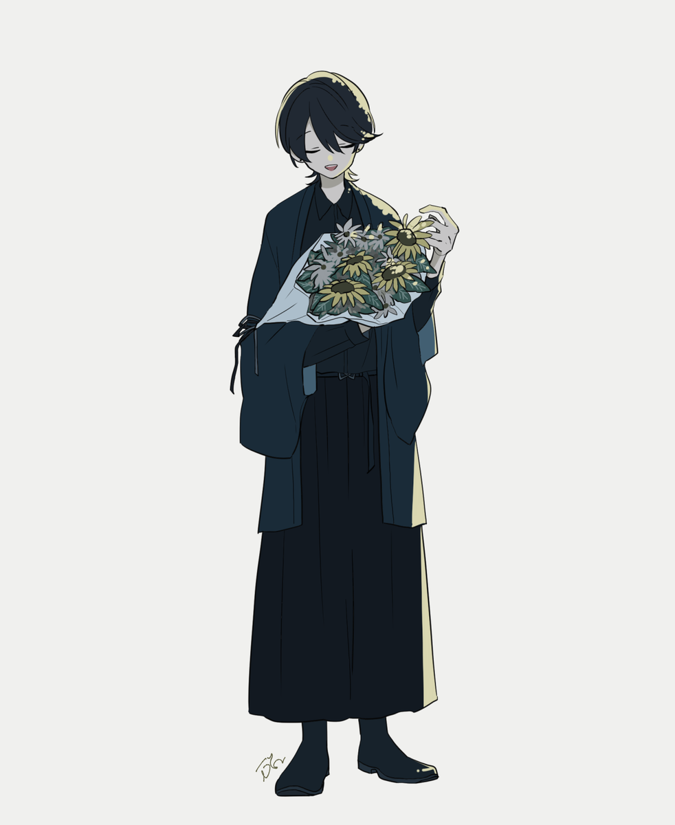 solo closed eyes bouquet male focus 1boy flower japanese clothes  illustration images