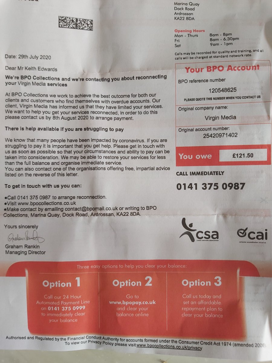 Virgin: I can log a complaint now and the complaint team will contact you (8 months and 1 day after I first raised this with  @virginmedia) Oh, and I had this in the post yesterday from a debt collecting agency