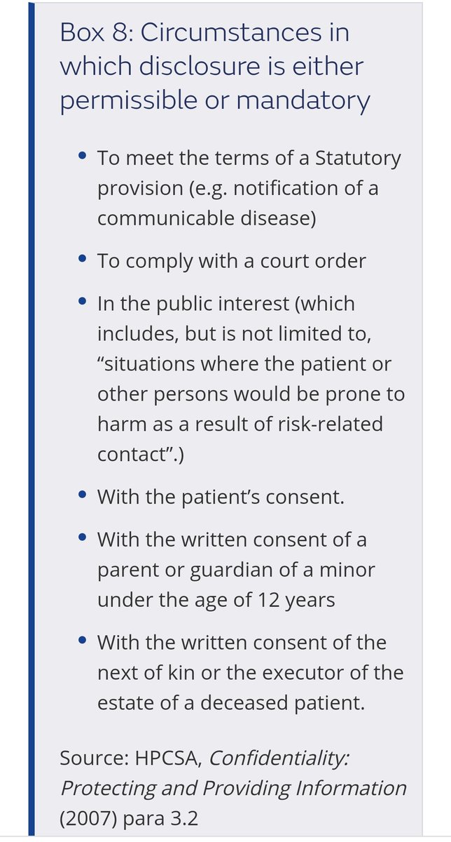 2. Does confidentiality apply after death?Ans: I am not aware of any precedent in Indian case law, but see box below. MPS is a malpractice insurance provider to Drs. Last point in Box suggests it does apply after death too. See this link for details ..2/n https://www.medicalprotection.org/southafrica/advice-booklets/common-problems-managing-the-risks-in-hospital-practice-in-south-africa/respect-for-patient-confidentiality