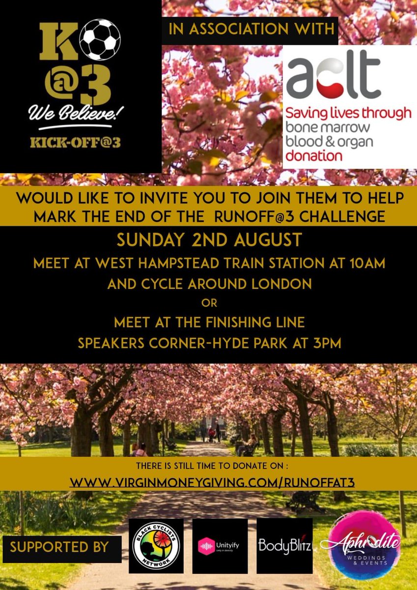 acltcharity's tweet photo. Today is the day. GOOD LUCK to everyone participating in the #RunOffat3 final cycling challenge from 10am this morning. We will see you all at the finishing line at 3pm, Speakers Corner, Hyde Park. https://t.co/Z4zQ1O9Iig