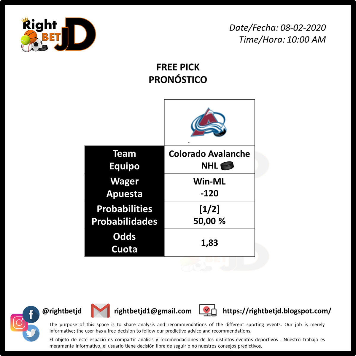 RightBetJD's tweet photo. 2020-08-02 Free Daily Pick
https://t.co/2RSQeU1q3A
Do you want to win? Subscribe to our VIP information and start earning.
¿Quieres Ganar? Suscribete a nuestra información VIP y empieza a ganar.
#Bet #Apuesta #ApuestaDeportiva #Parley #RightBet https://t.co/LYFYKodHVx