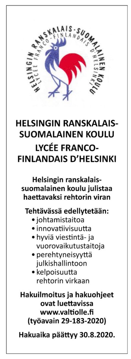 Helsingin ranskalais-suomalaisen koulun rehtorin virka on avoinna. 

Koulun nykyinen rehtori siirtyy EUIPOn palvelukseen 1.10.2020 alkaen.