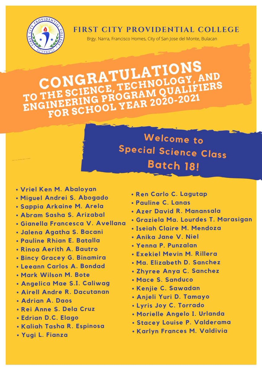 official_FCPC's tweet photo. The long wait is finally over!

Congratulations to the Science, Technology, and Engineering Program Qualifiers for School Year 2020-2021.

Welcome to the Batch 18 Special Science Class!

Enrollment is still ongoing. ENROLL NOW!

#thefirstthebest https://t.co/twoGi9aovi
