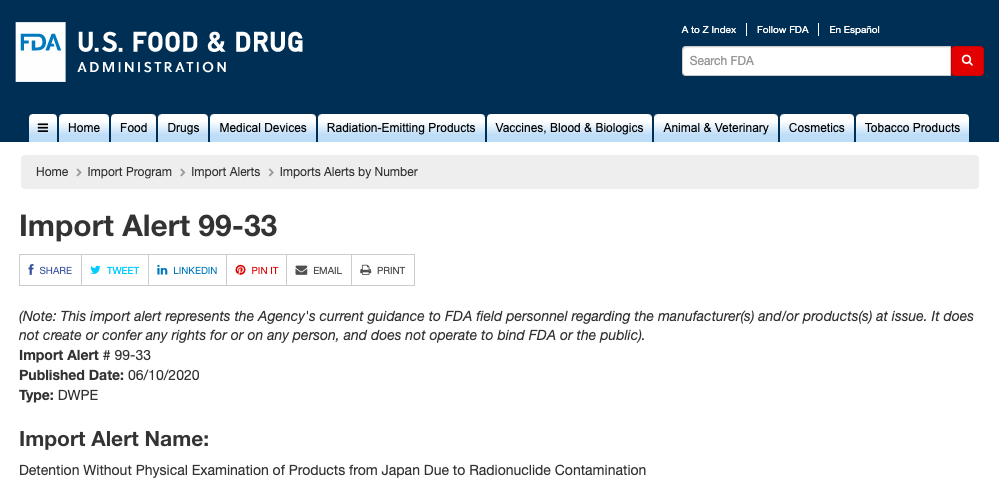 Therefore, unlike major EU countries & US (which continue to screen Japanese imports for nuclear contamination), Modi capitulated to Japan and got rid of this safety measure.As recently as Jun 2020, US FDA has an import alert monitoring Japanese imports for radiation.(5/6)