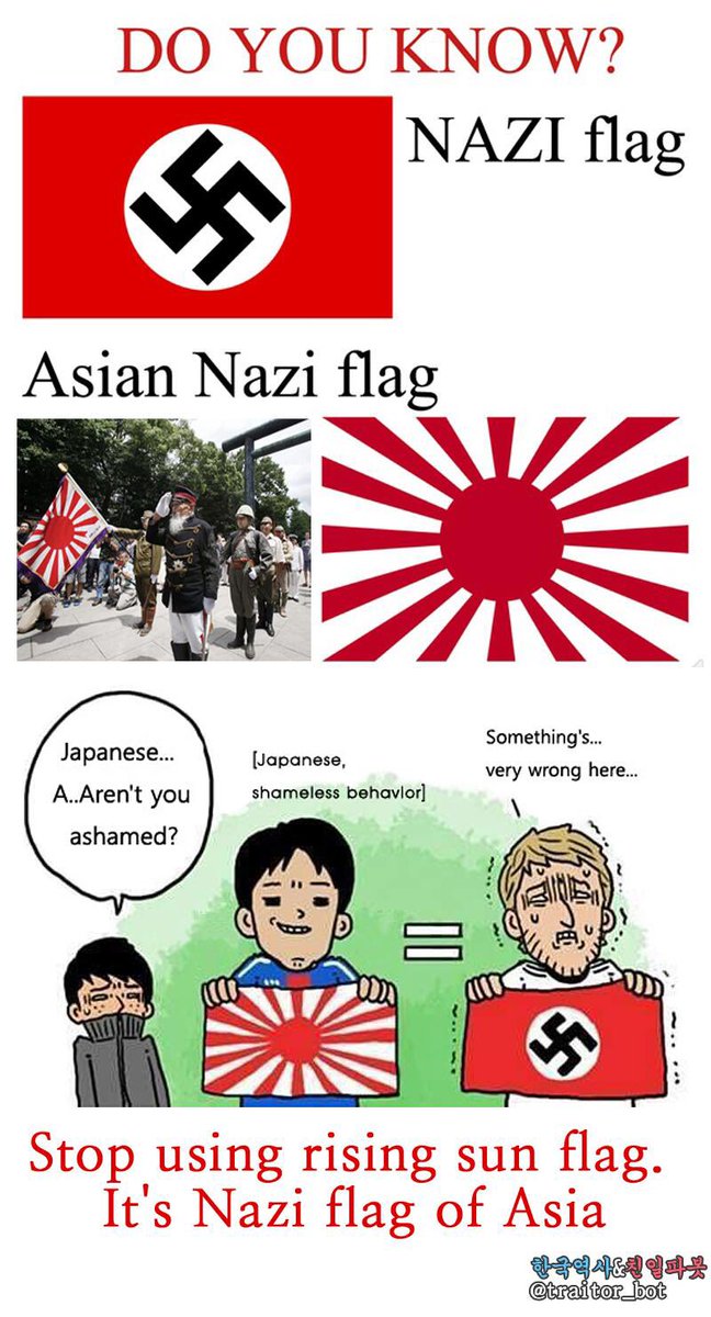  @LiveLifeEssence I found you using the war-crime flag(also known as the rising sun flag) for your profile image. It makes most Asians whose ancestors are victims of Japanese war crimes feel really bad and upset, just like Europeans or Jewish feel bad watching Nazis.