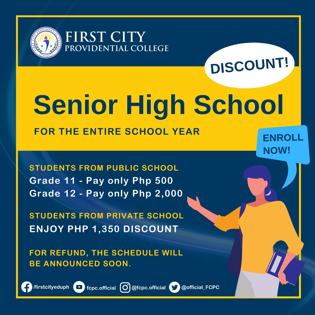 official_FCPC's tweet photo. Students from Public Schools
Grade 11 – PAY ONLY 500 pesos
Grade 12 – PAY ONLY 2,000 pesos

Students from Private Schools
ENJOY Php-1350 DISCOUNT!

We want the best for you. ENROLL NOW! https://t.co/V422o8sCKH