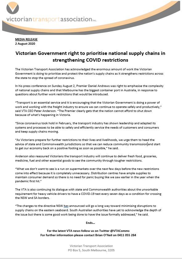 VTAComms's tweet photo. @VicGovAu right to prioritise national #supplychains in strengthening #COVID restrictions
https://t.co/mLRNWlALyU
#supplychains #logistics #freight #transport #transportation https://t.co/hnLMlDTwab