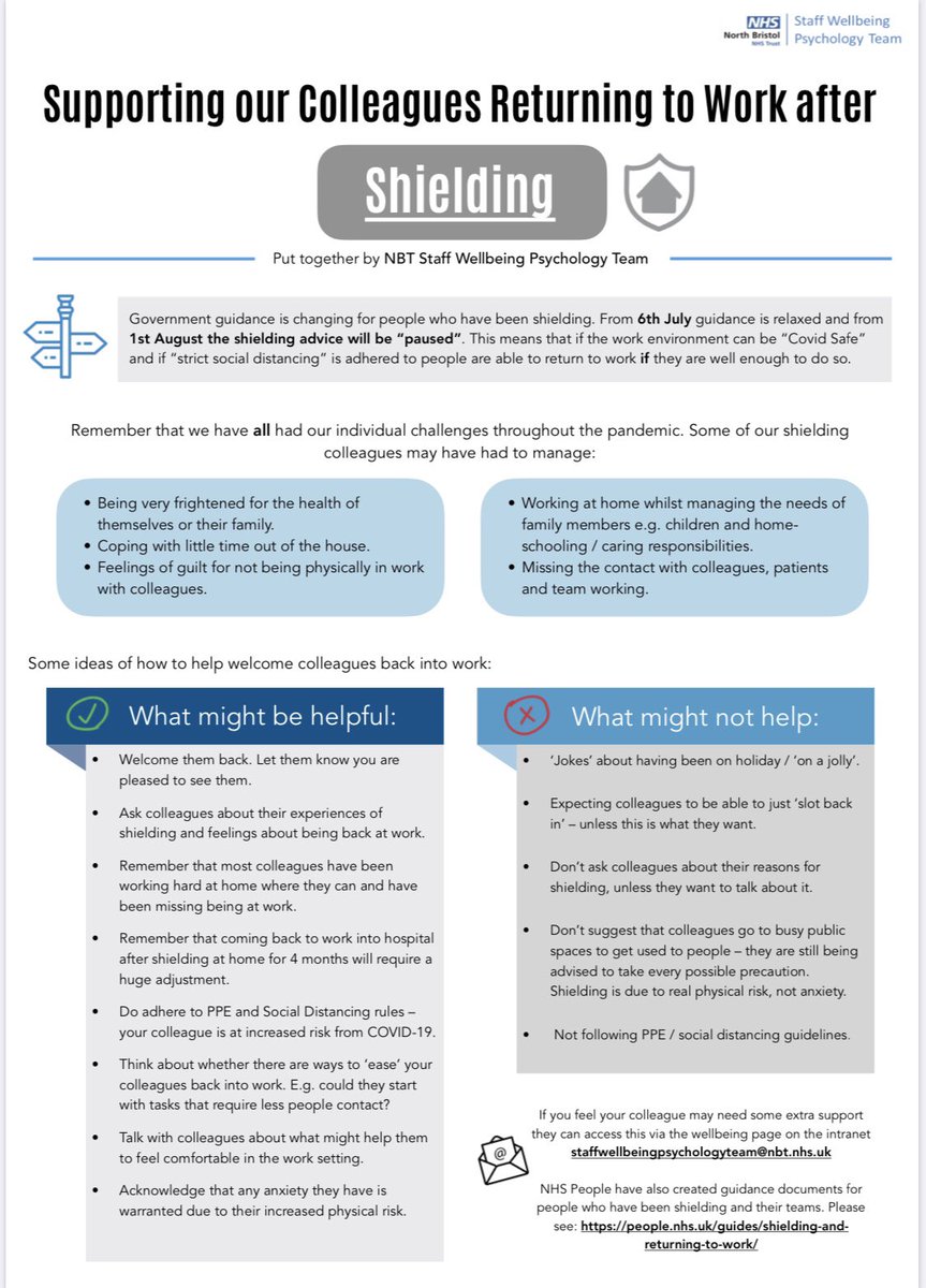 As your  #shielding co-workers return to work in the coming days or weeks here are some things to consider in addition to this fabulous poster by  @NBTWellbeing  #BeKind  #DistanceAware  #SupporttheShielded