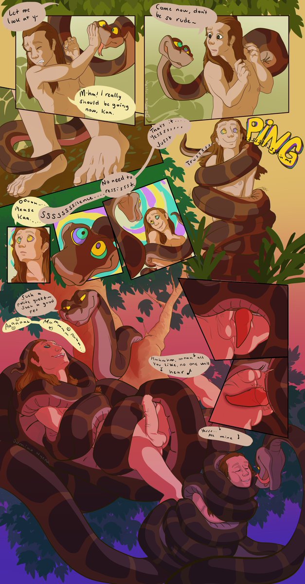 helplessmancub1's tweet photo. Kaa hypnosis and caught helpless, poor Johnny. Johnny is now owned by Kaa. Kaa glad finally the meal as Johnny. 

Art by: @Domino_Hyena 

#Kaa #junglebook #mancub https://t.co/pPN6CfYxHc