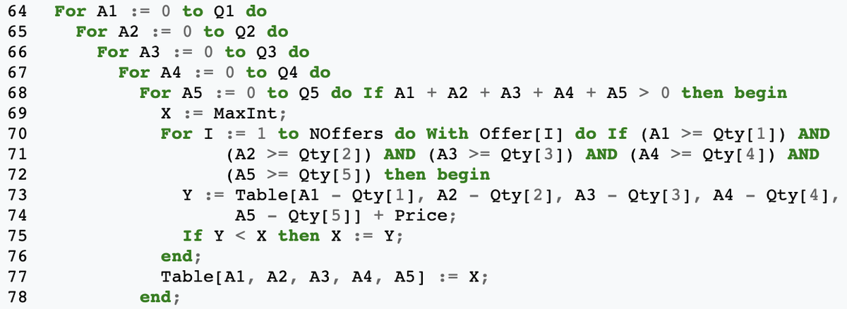 LinasMedziunas's tweet photo. @damageboy Reminded me of a 6x nested loop I wrote at the age of 16 solving https://t.co/KcQrG83Ihj. I think the limits in this task were chosen such that the Dynamic Programming state (6^5) would fit in a 16-bit addressable array. What a contrast pasting this next to a modern SIMD code. https://t.co/ZQbP5z1Su5