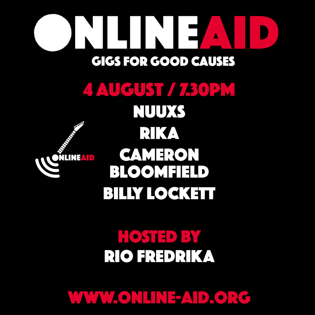 Tuesday night - something special is happening and we want you to be a part of it.

<a href="/OnlineAid_/">Online Aid</a> brings <a href="/billylockett/">Billy Lockett</a> <a href="/rikaofficial/">RIKA</a> <a href="/NUUXS/">NUUXS</a> <a href="/cambloomfield/">Cameron Bloomfield</a> performing from home to raise money for causes close to their heart.

⏰ 7.30pm
🗓 4 August
🎟 online-aid.org 👈
