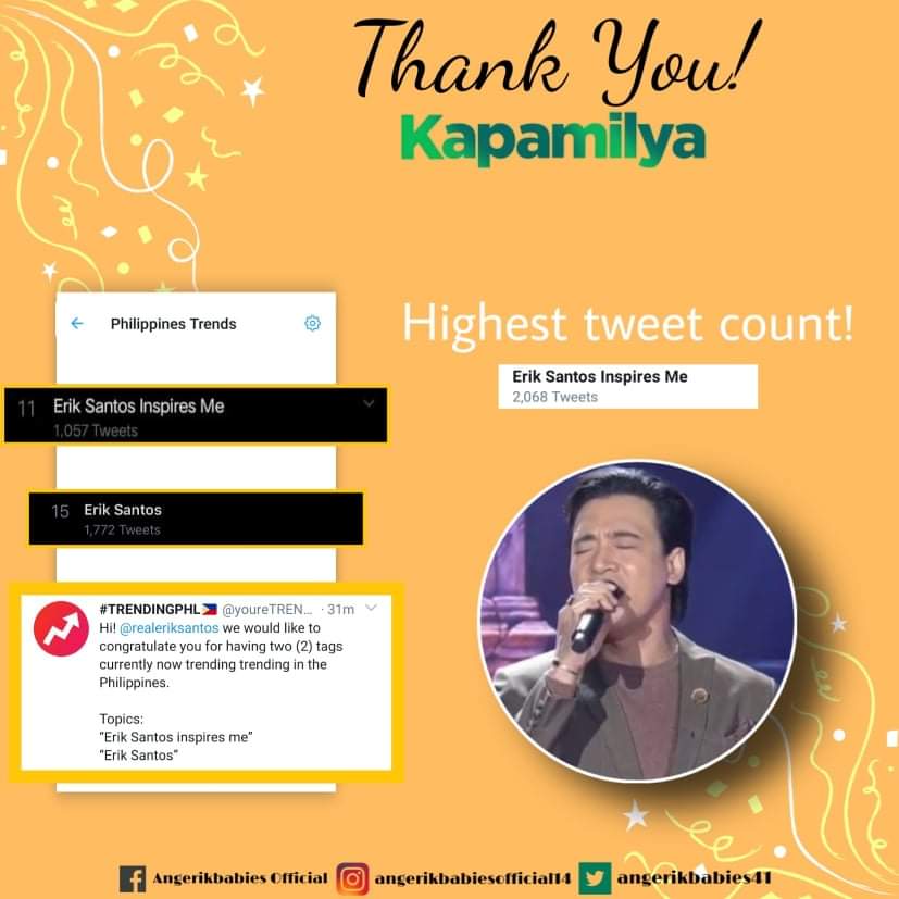 AngerikBabies41's tweet photo. Yey! We made it again! 💚❤️💙 @realeriksantos we love you!

#ErikSantos #Angerik #AngerikBabies https://t.co/R54w8Ii776