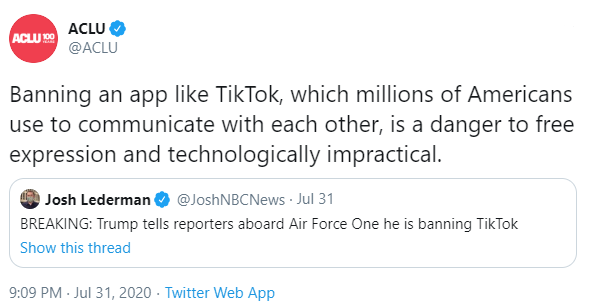 ACLU (American Civil Liberties Union) ikut keberatan Tiktok di-ban oleh pemerintah.Ban dgn tuduhan tanpa bukti ini bisa berakibat fatal bagi Amerika, krn basis hak sipil di Amerika berlandaskan atas kebebasan berpendapat. Harusnya Trump ubah konstitusi dulu.