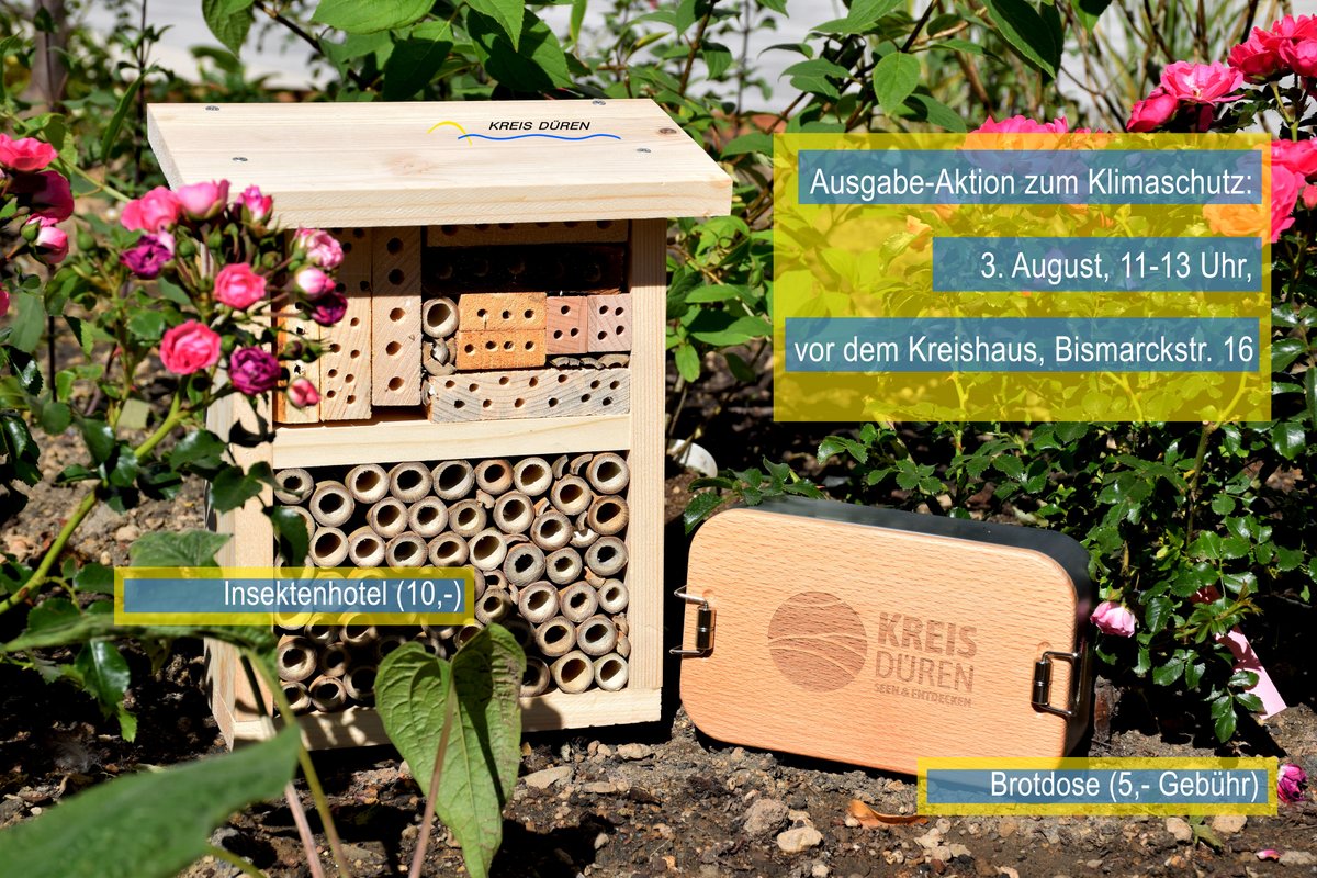 kreisdueren's tweet photo. Am 3.8. werden die ersten Insektenhotels und Frischhaltedosen des #Klimaschutzprogramms vor dem Kreishaus in Düren verteilt. Kommt vorbei und sichert euch ein Produkt, solange der Vorrat reicht. Beides wird gegen eine Gebühr abgegeben, die in den Klimaschutz investiert wird. https://t.co/sX9fLZ9oh4