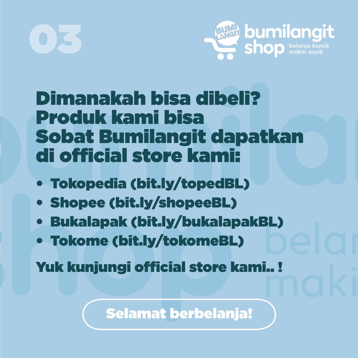 "Abang kumis tanjung kimpul, barang laris dapur ngebul!"

Sobat Bumilangit, hari ini kita resmi "buka toko" Bumilangit Shop via akun IG @bumilangitshop. Di sana nanti kamu bisa lihat berbagai info seputar belanja barang-barang yang kamu suka. Yuk visit di instagram.com/bumilangitshop/