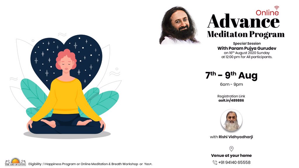 Rishividhyadhar's tweet photo. #Online #Part2Program #Advance #Meditation #Program #AMP
#Special #Session with #Param #Pujya #Gurudev on 16th #August 2020 #Sunday at 12:00 pm for All #participants.
• 7th-9th August 2020.
• Venue : Your Home 🏠
Contact : +91 94140 65558
#Yoga #Dhyaan #HappinessExpress https://t.co/xKoYasKy9g