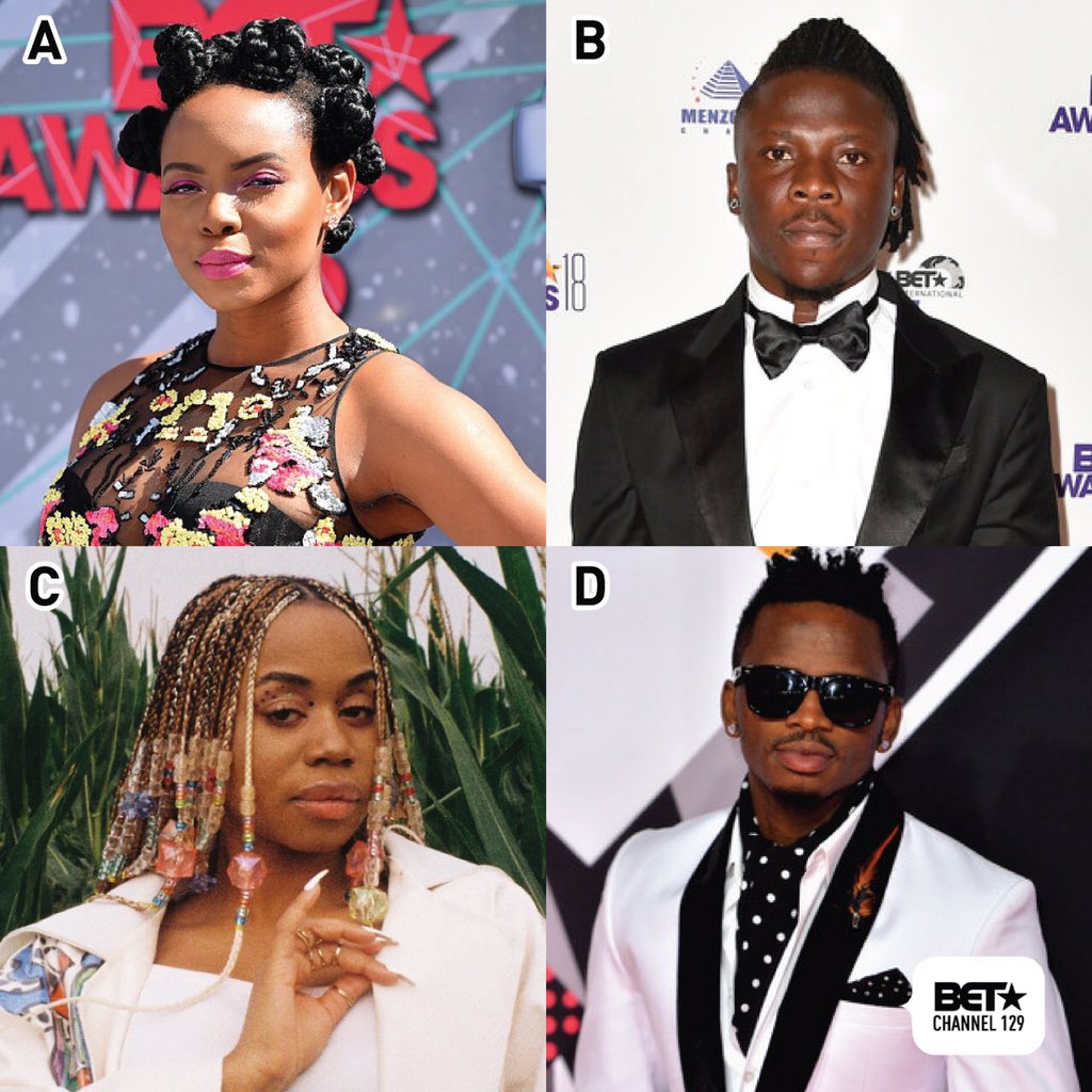 BET_Africa's tweet photo. Whose song could you rap/sing word for word on any given day? 

A. @yemialadee 
B. @stonebwoyb 
C. @ShaShaOfficial_ 
D. @diamondplatnumz https://t.co/r5JOnF3fcs