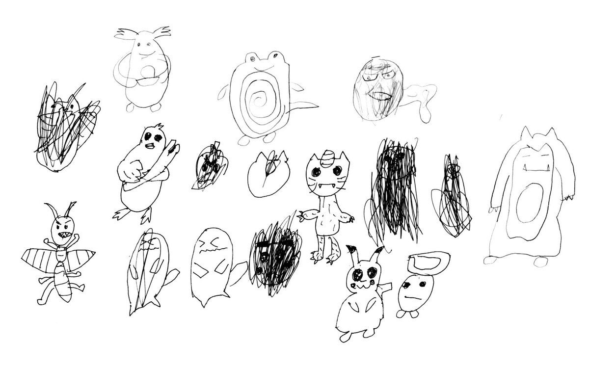 見ないで描いてみよう(お題:ポケモン)
息子(7)の作品。
わりと形おぼえてるのと苦し紛れのものといろいろ。
これ全部言えるかな? 