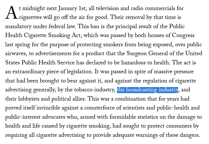 For instance, in 1971, the US put the Public Health Cigarette Smoking Act into law, making it illegal to advertise for cigarettes.For instance, in 1971, the US put the Public Health Cigarette Smoking Act into law, making it illegal to advertise for cigarettes.
