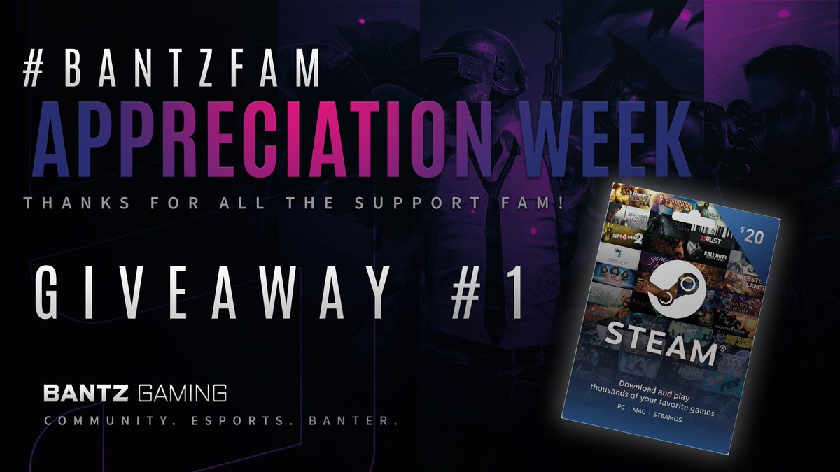 [#GIVEAWAY]

To thank everybody for the support lately #BantzFam Appreciation Week is back! 💜

TO ENTER AND WIN:
💜LIKE
🔁RETWEET
➡️FOLLOW <a href="/BantzGaming/">Bantz</a> 

Winner announced in the next few days! 🥳

#BantzFam💜 | #GIVEAWAYS