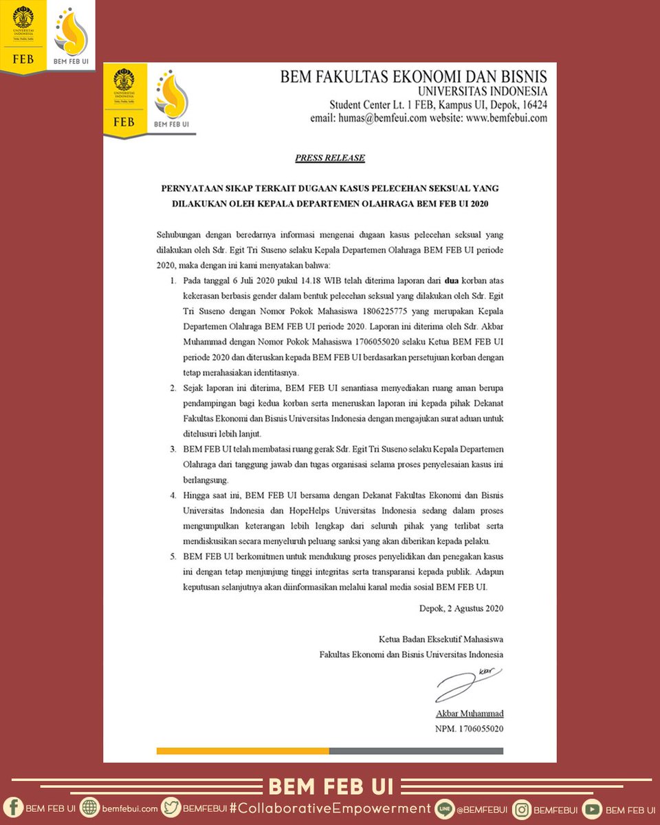 BEMFEBUI's tweet image. [PERNYATAAN SIKAP TERKAIT DUGAAN KASUS PELECEHAN SEKSUAL YANG DILAKUKAN OLEH KEPALA DEPARTEMEN OLAHRAGA BEM FEB UI 2020]