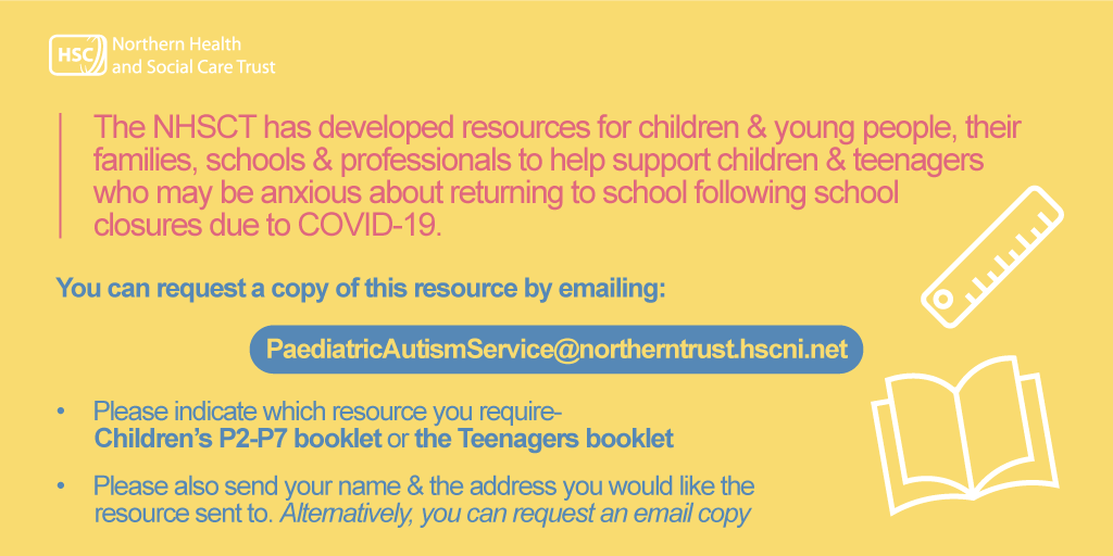 NHSCTrust's tweet photo. Northern Trust has developed resources for those who may be anxious about returning to school following school closures due to #COVID19 👇 

Request a copy by emailing 📨 PaediatricAutismService@northerntrust.hscni.net https://t.co/h2AFNt7MPb