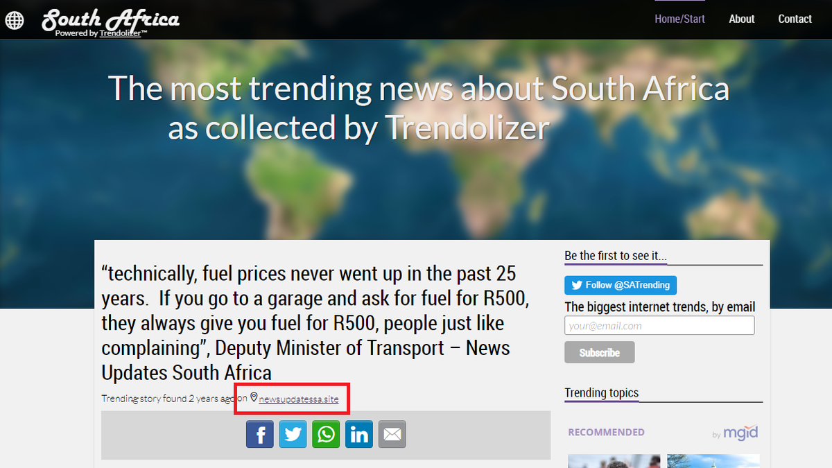Trendolizer looks like a social media trend aggregator, and in this case it grabbed the same headline in a trending story that did the rounds in July 2018...two years ago.The site of origin?  http://NewsupdatesSA.site . Still doesn't sound legit, does it?
