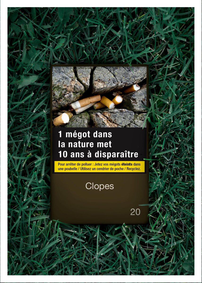 Jean_MOREAU_'s tweet image. 🚬 Le message « Fumer tue » étant dorénavant relativement bien ancré et intégré ; et si l’on en profitait pour sensibiliser en parallèle à un autre sujet tout aussi important ? 🌱
Une idée originale et pertinente d’@AliceAmiel 
#Tabac #Environnement #Ecologie #Santé