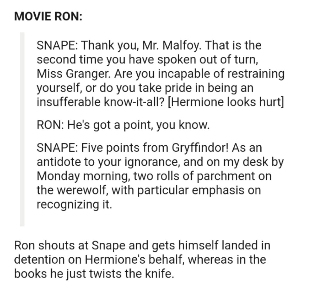 some examples of differences between book ron and movie ron