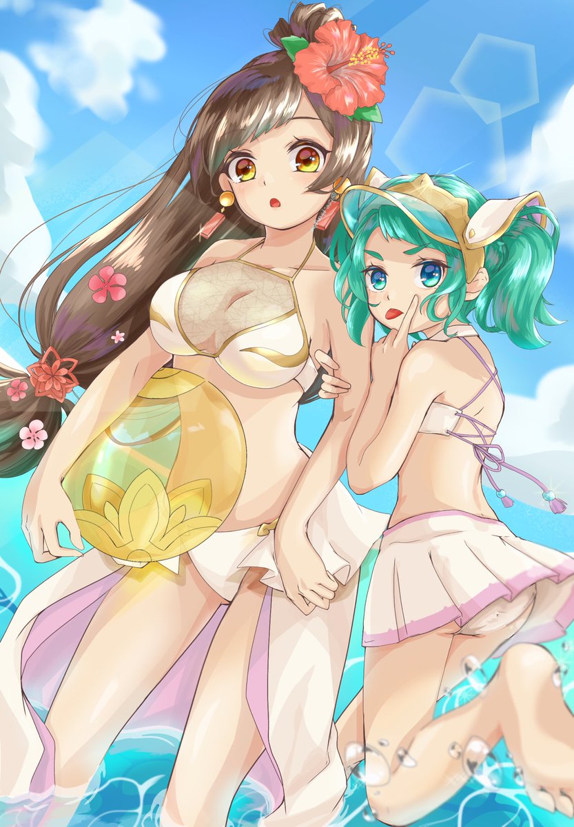 「水着の大喬&amp;小喬ちゃん!
#パズドライラスト 」|あいす🍨のイラスト