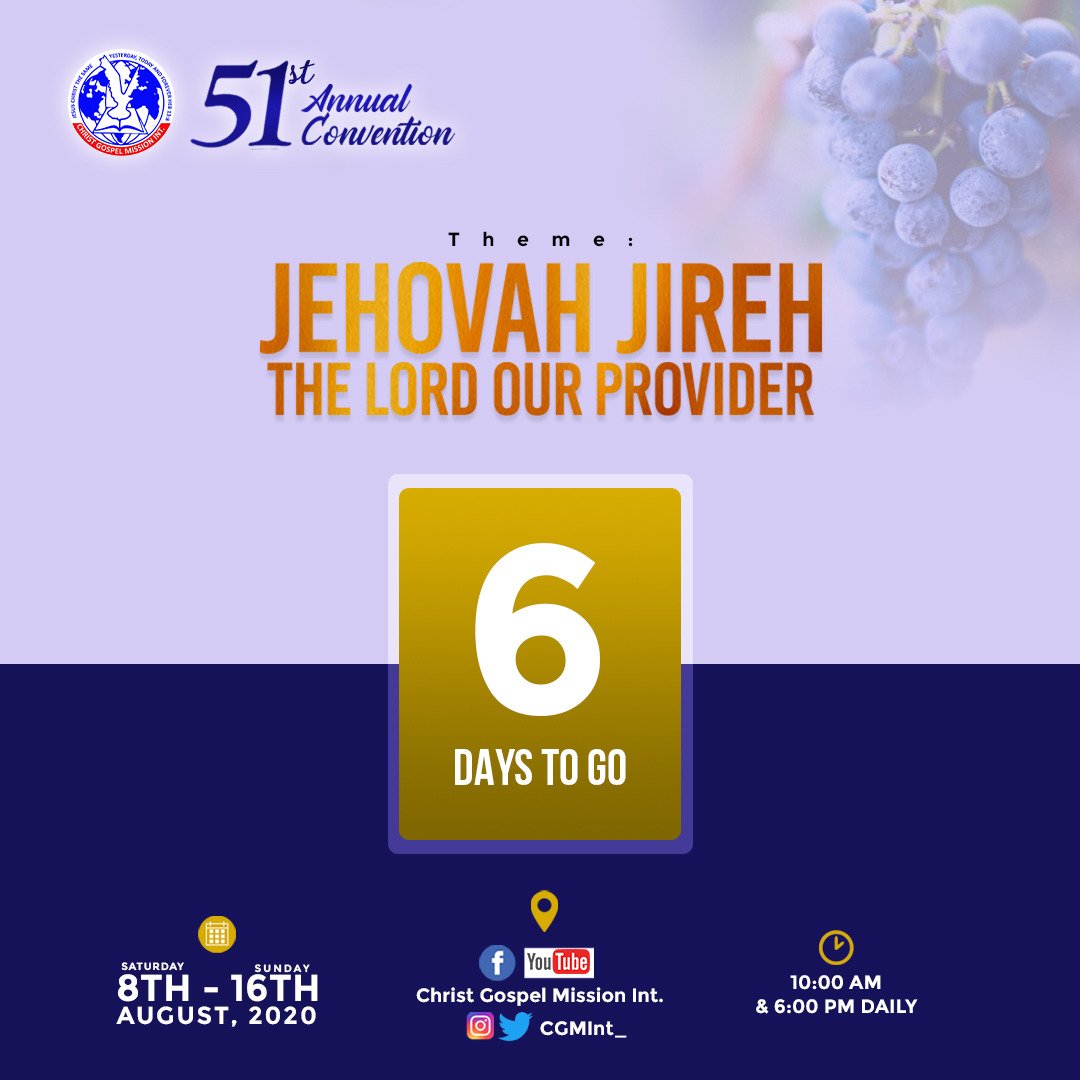 cgmint_'s tweet photo. There is something amazing about God.
He gives exactly what you need.
Get Ready for an encounter with "JEHOVAH JIREH"
6 days to go
#CGMINT
#CGMINT51STANNUALCONVENTION https://t.co/r2qS361mkj