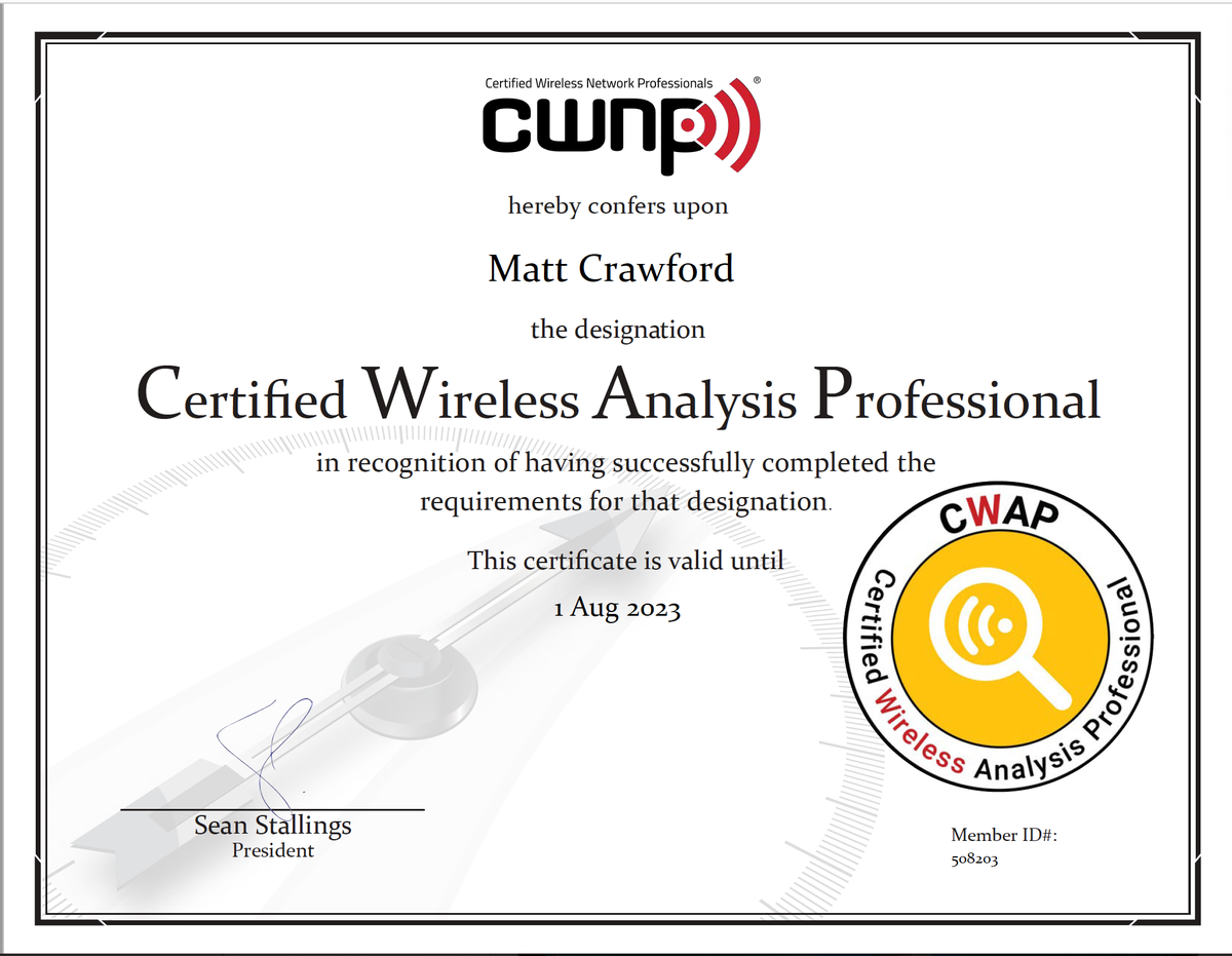 MattCrawford89's tweet photo. So pleased to have passed the CWNP 's CWAP Exam yesterday. On to the next CWSP on the road to CWNE #CWAP #wireless #CWNE https://t.co/bPnfUgKm11