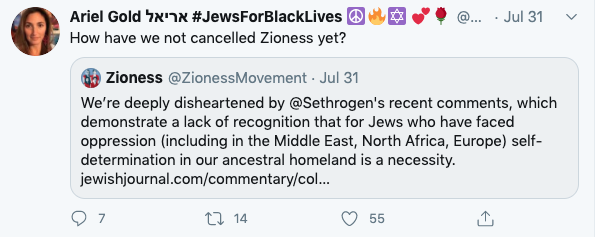 jengelmayer's tweet photo. The question of Antisemitism online is real, but #Jwitter goes after neo-nazi's as the primary danger - it is not, it is people like @ArielElyseGold who advocate against Jews by using Israel as the buffer - they are one in the same. End the Danger. #CancelArielGold #JewInNameOnly https://t.co/BS6qhqUm1v