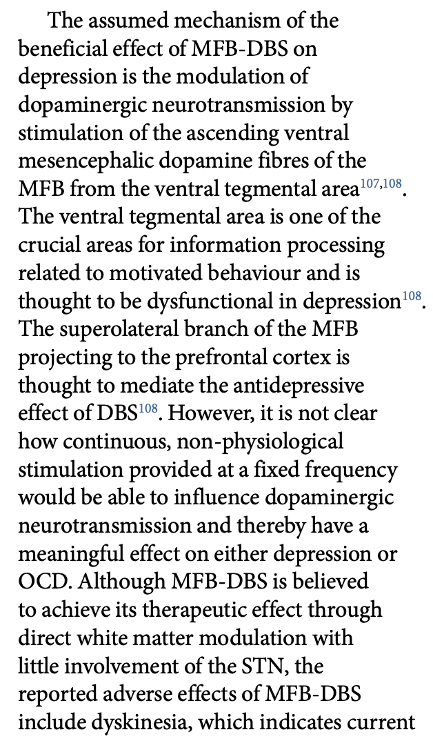 Bouthour et al. write: “However, it is not clear how continuous, non-physiological stimulation provided at a fixed frequency would be able to influence dopaminergic neurotransmission and thereby have a meaningful effect on either depression or OCD.” http://doi.org/10.1038/s41582-019-0166-4