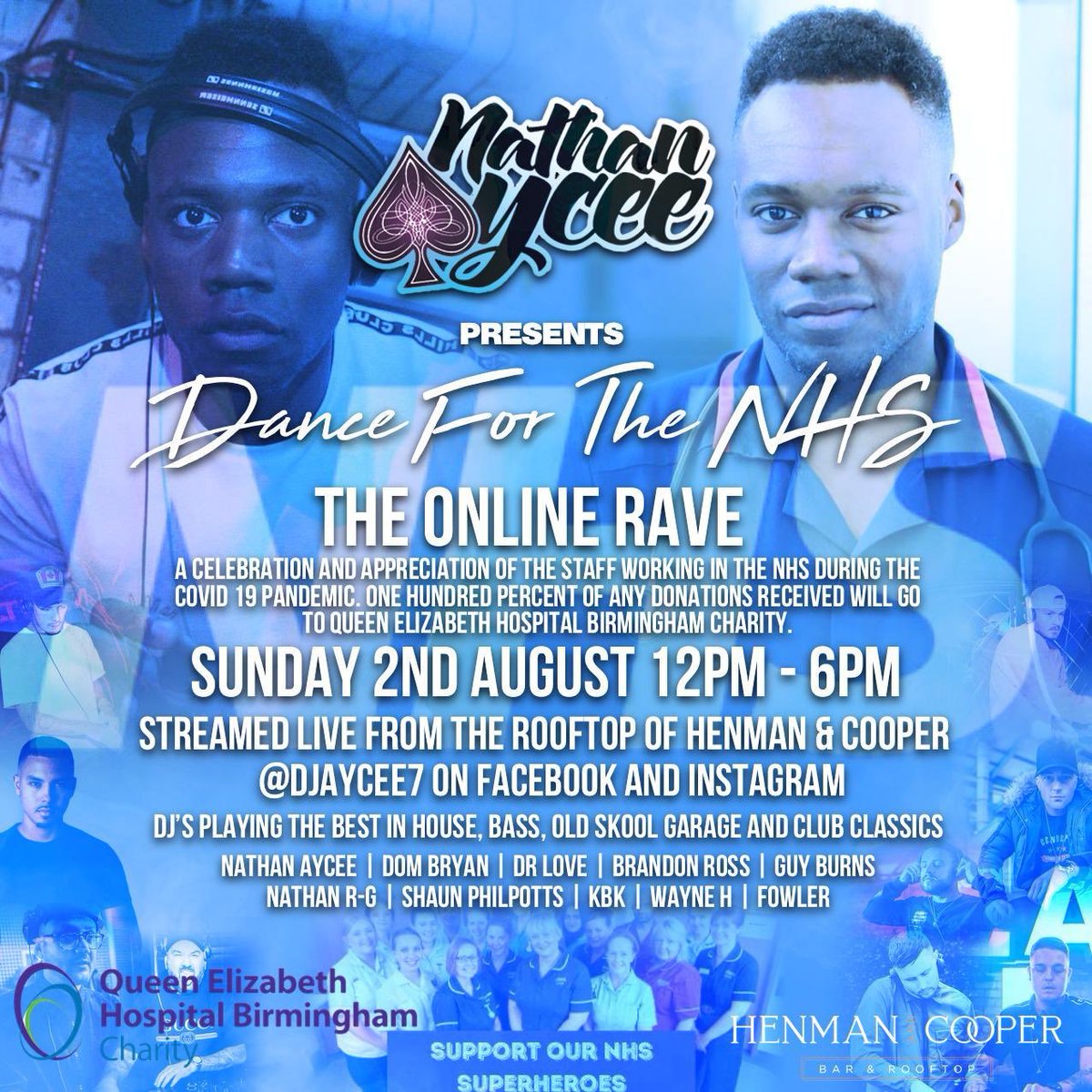 djaycee7's tweet photo. 2day we host #DanceForTheNHS a 6 hour live DJ set with some of Birmingham’s finest DJ’s streamed live from the rooftop of the City’s best kept secret @henmanandcooper to raise money for the staff working in the NHS during the Covid pandemic. Get involved

https://t.co/Ki1uS38cxL https://t.co/BuHKoLyPmr