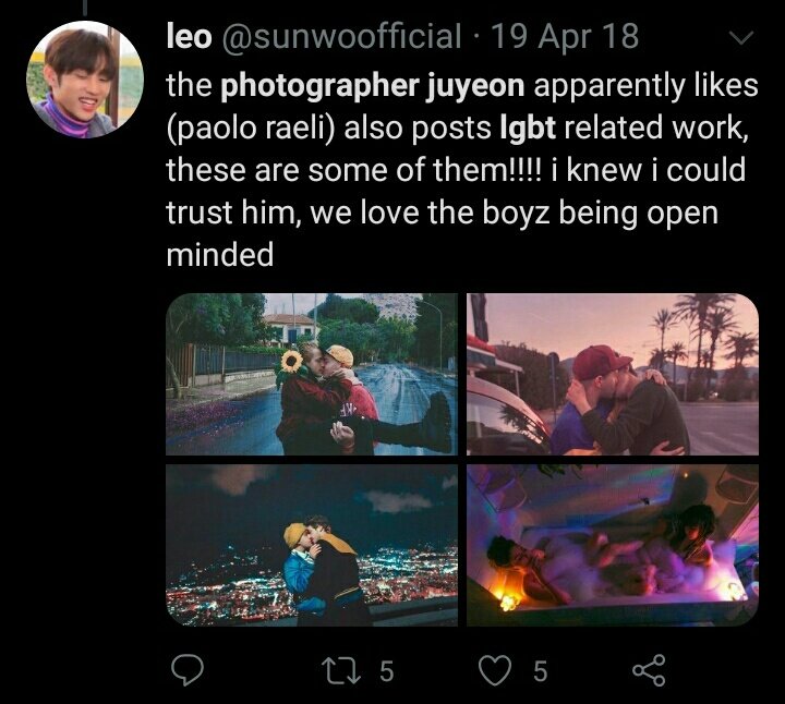 + juyeon tweeting about a photographer and calling his works inspiring. the photographer also posts lgbt-related works.