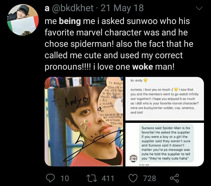 + sunwoo using gender neutral pronouns to address a fan