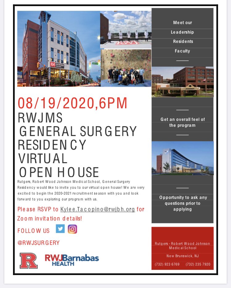 Please join us for our 1st Robert Wood Johnson (RWJ) General Surgery Residency virtual open house! Please RSVP if interested! #RWJsurgery #generalsurgery
