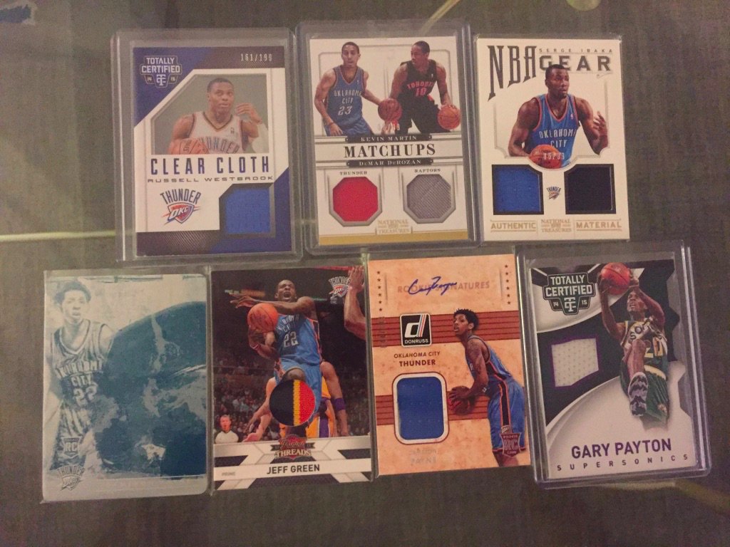 Thunder/Supersonics:Russell Westbrook relic /199: $12Dual relic with Martin /99: $12Serge Ibaka dual relic /99: $10Cameron Payne plate: $10Jeff Green patch /50: $8Gary Payton relic /49: $7Cameron Payne RPA /149: $5